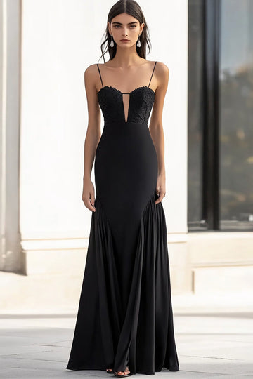 Black Spaghetti Straps Sheath Long Formal Dress with Appliques